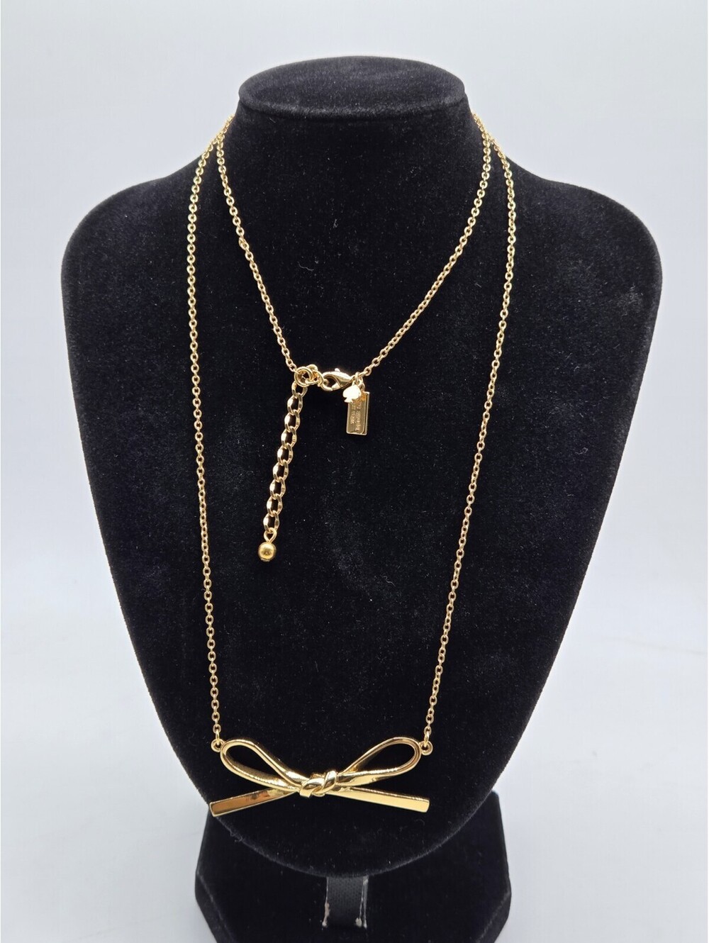 Kate Spade New York Gold Tone Bow Pendant Necklace Long Chain w/ Dust Bag